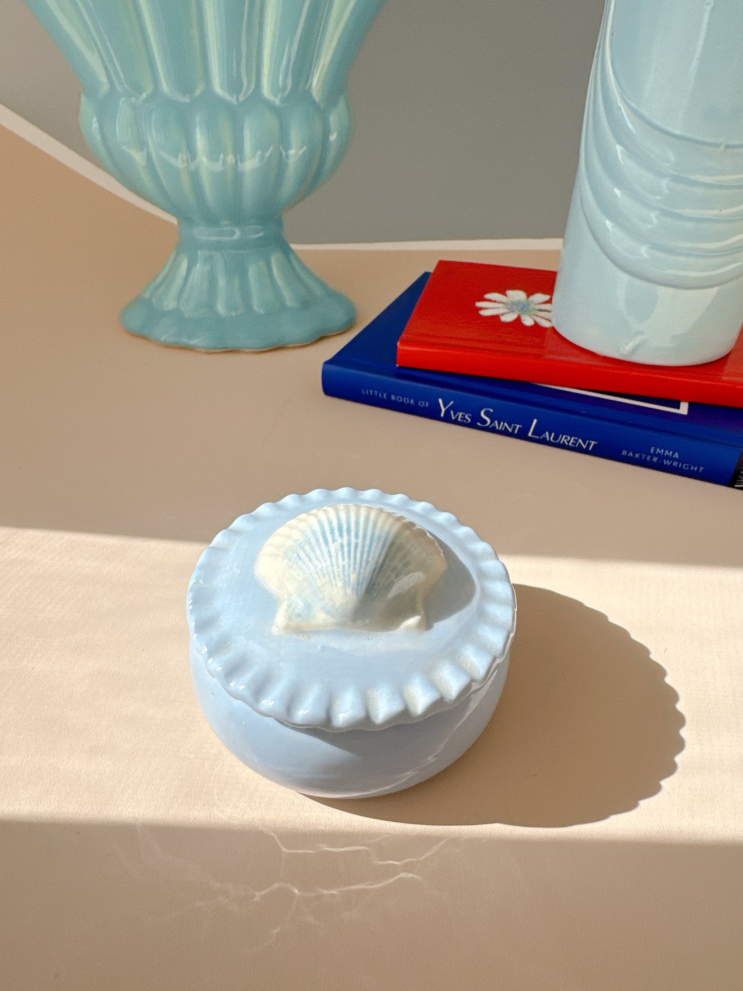 Vintage Pale Blue Shell Trinket Box