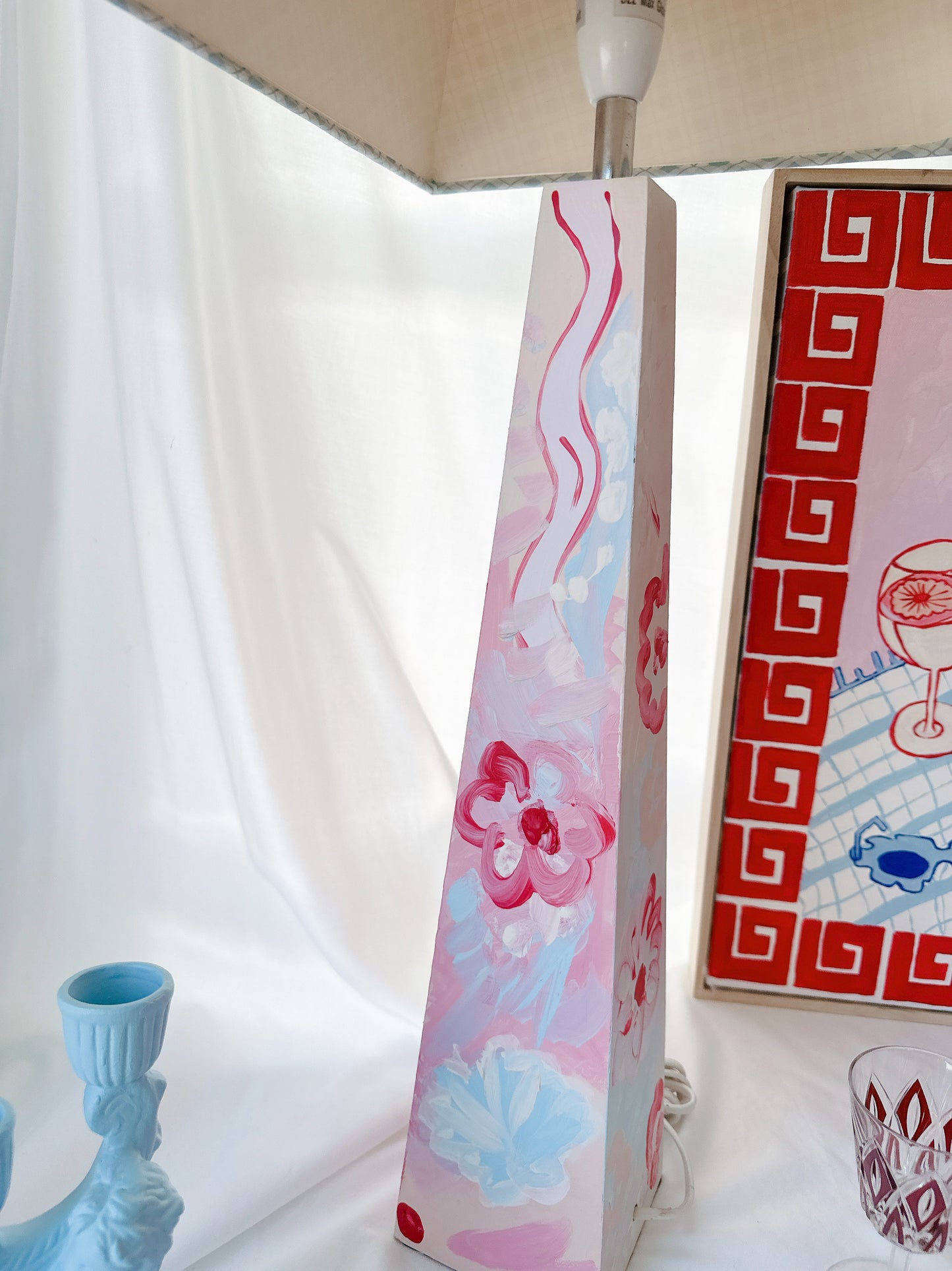 Handpainted Lamp with Vintage Shade