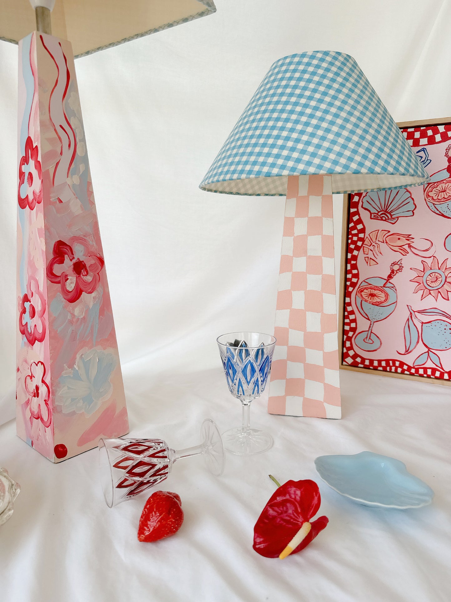 Vintage Handpainted Checkerboard lamp with Vintage Shade