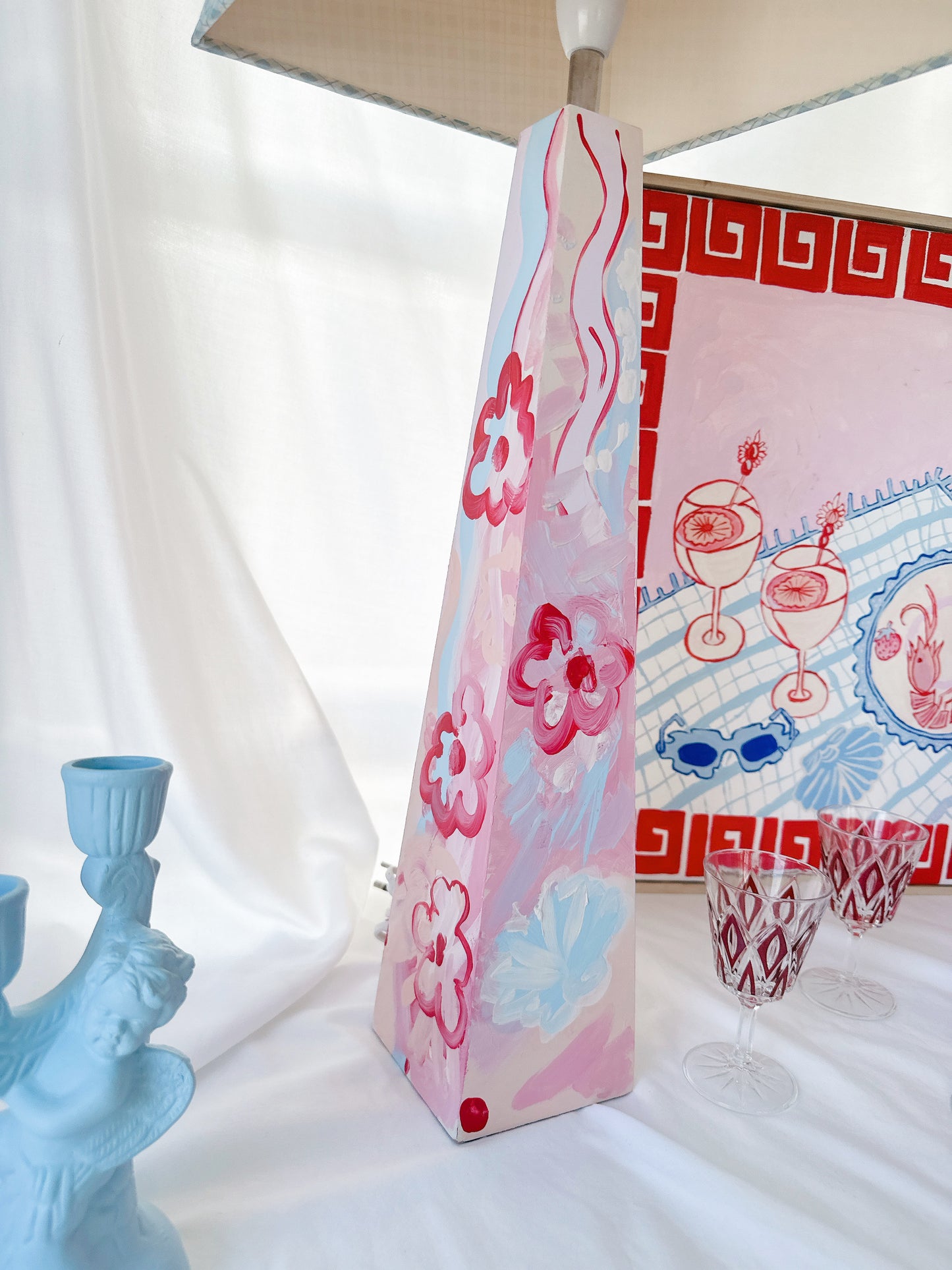 Handpainted Lamp with Vintage Shade