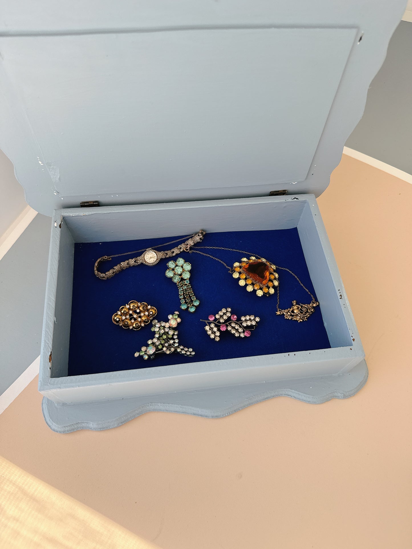 Wooden Dusty Blue Cherub Jewellery Box