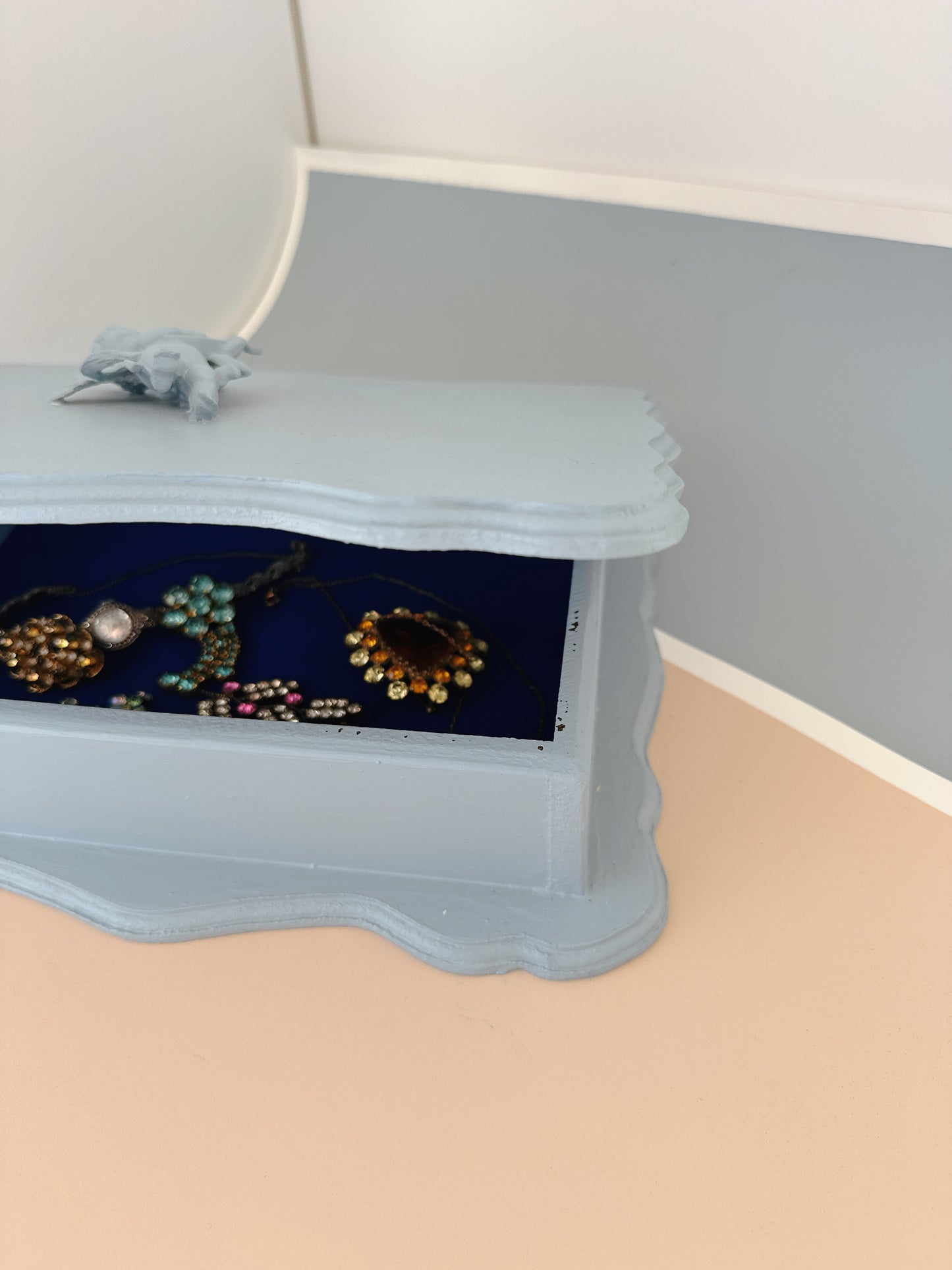 Wooden Dusty Blue Cherub Jewellery Box