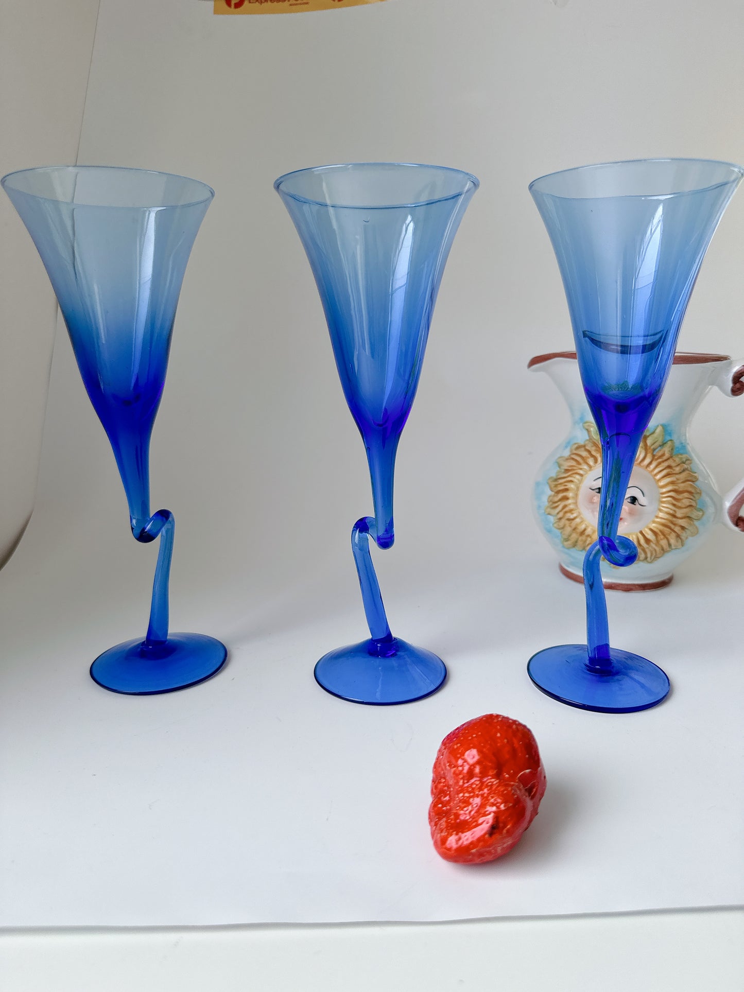 Set 3 Cobolt Blue Vintage Curved Stemmed Glasses