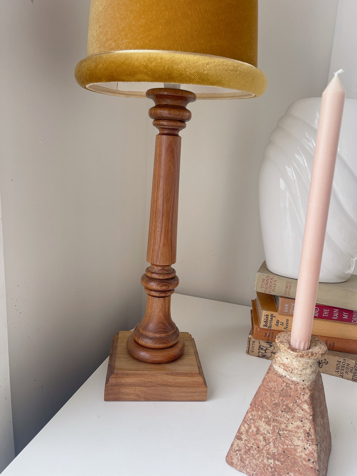 Vintage Teak Mid Century Lamp with Velvet Shade