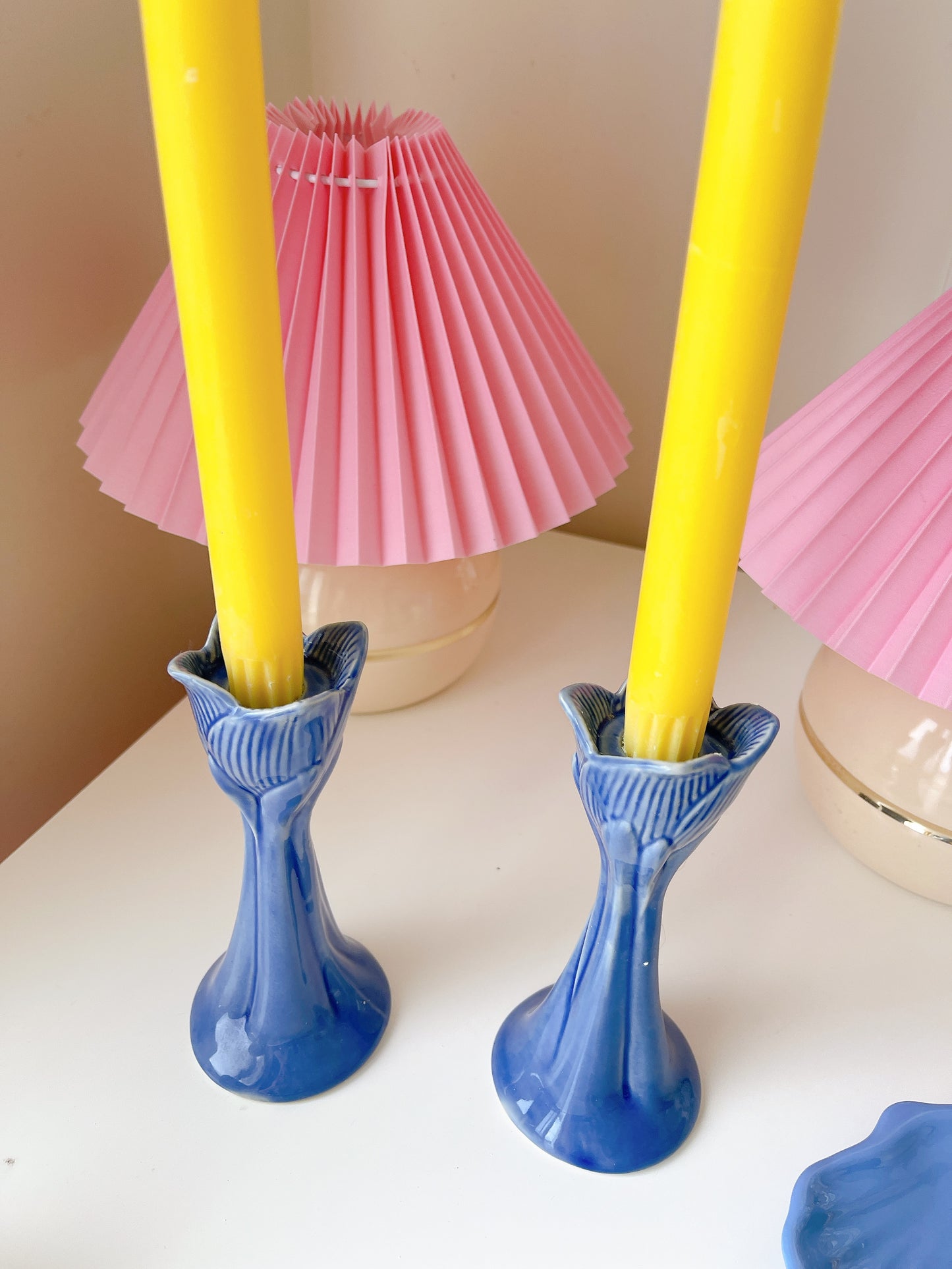 Set Blue Ceramic Tulip Candle Holders