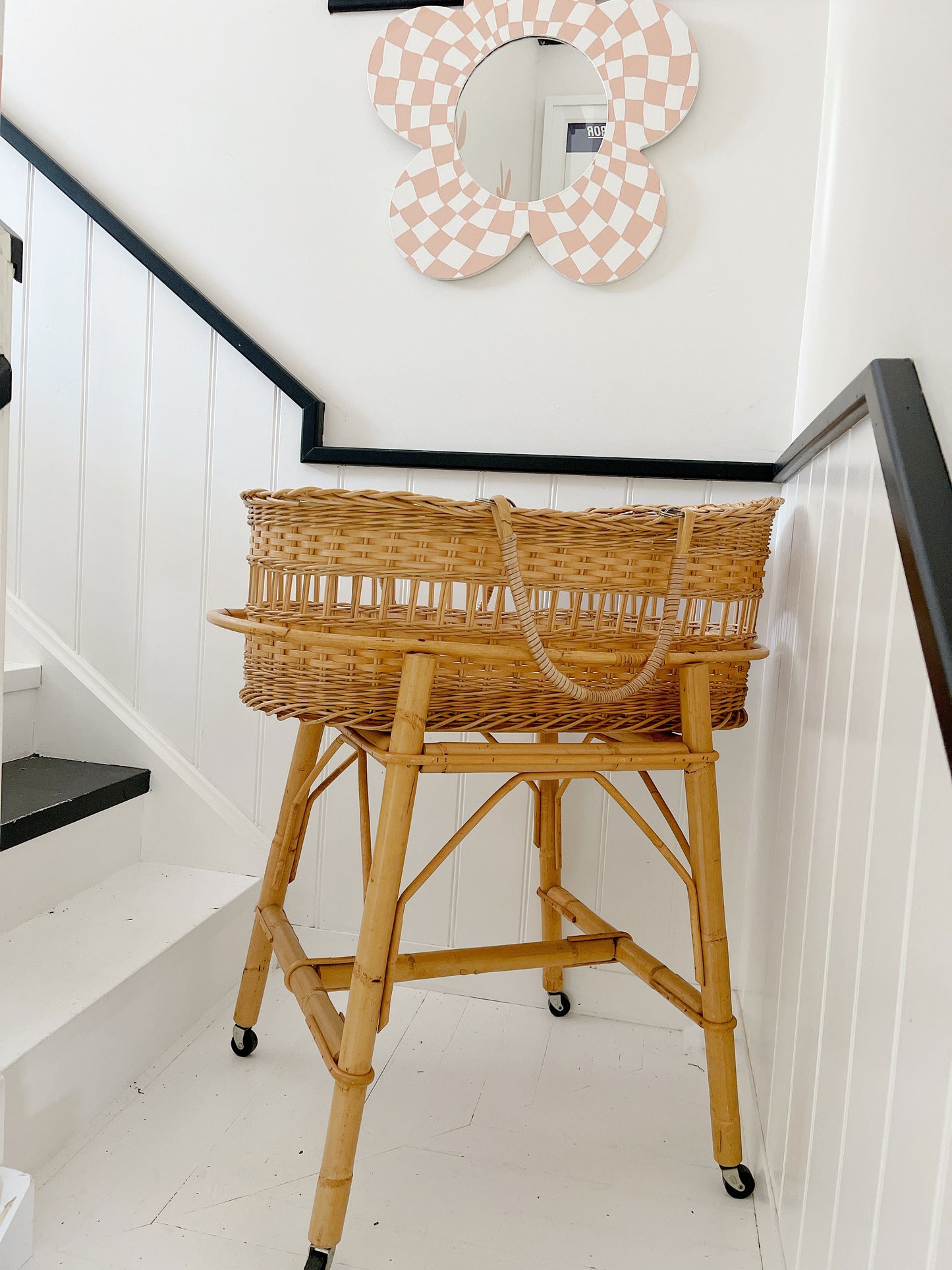 Vintage Rattan Baby Basket On Stand