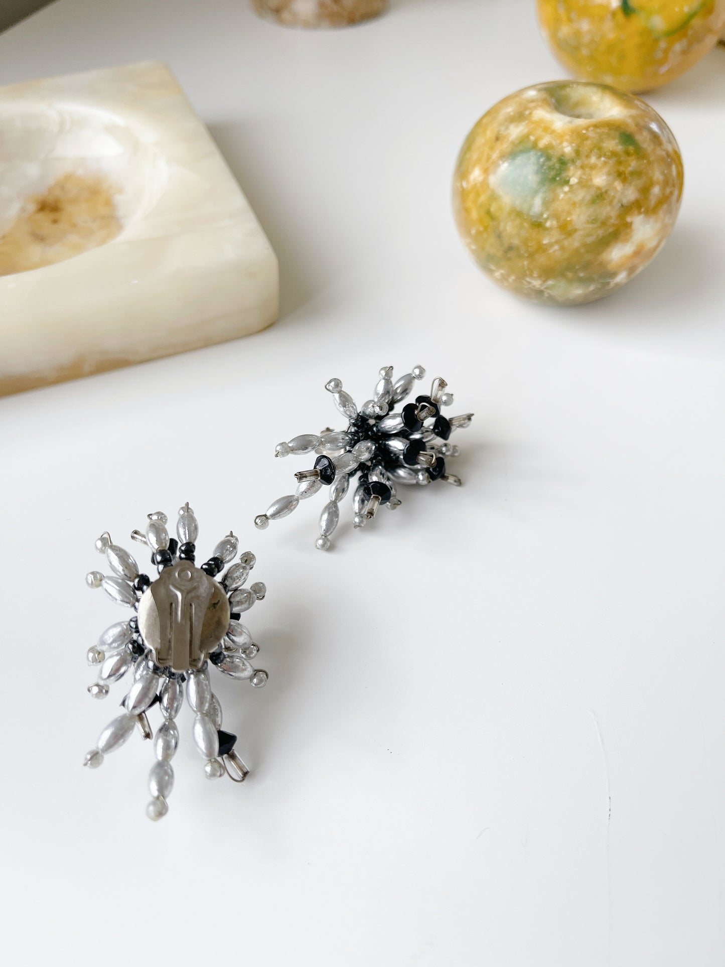 Vintage Beaded Silver & Black Earrings