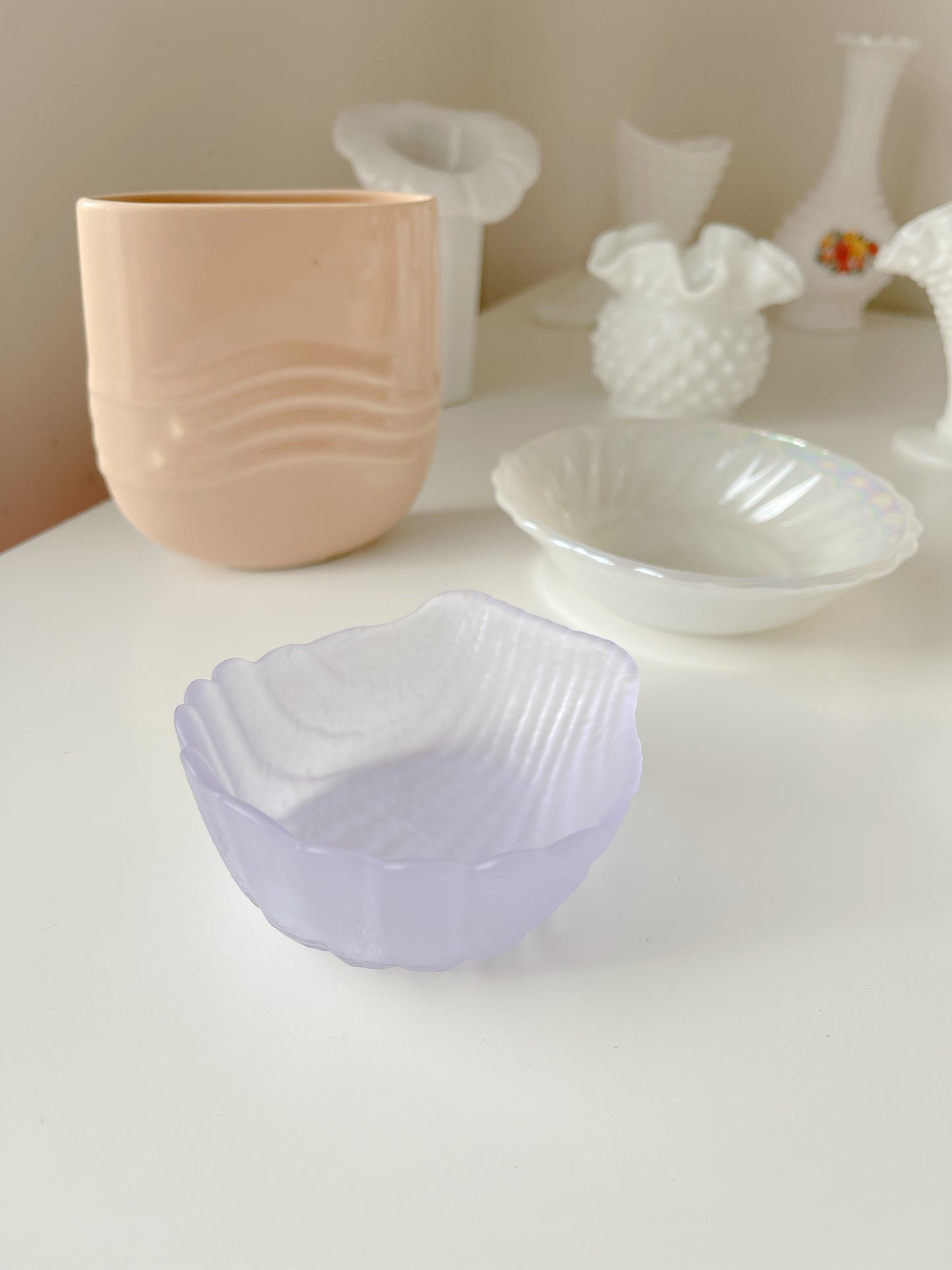 Vintage Lilac Frosted Glass Shell Trinket Dish