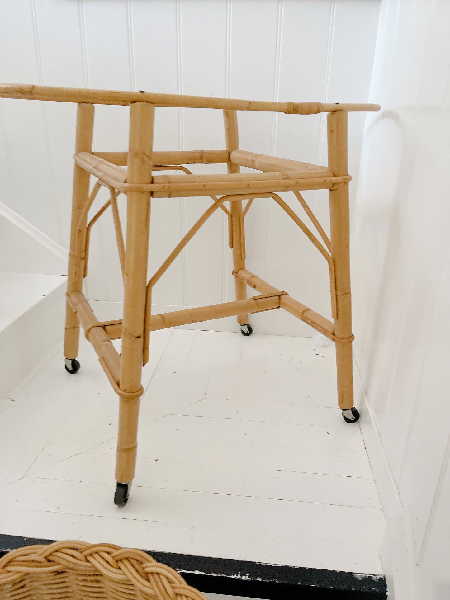 Vintage Rattan Baby Basket On Stand