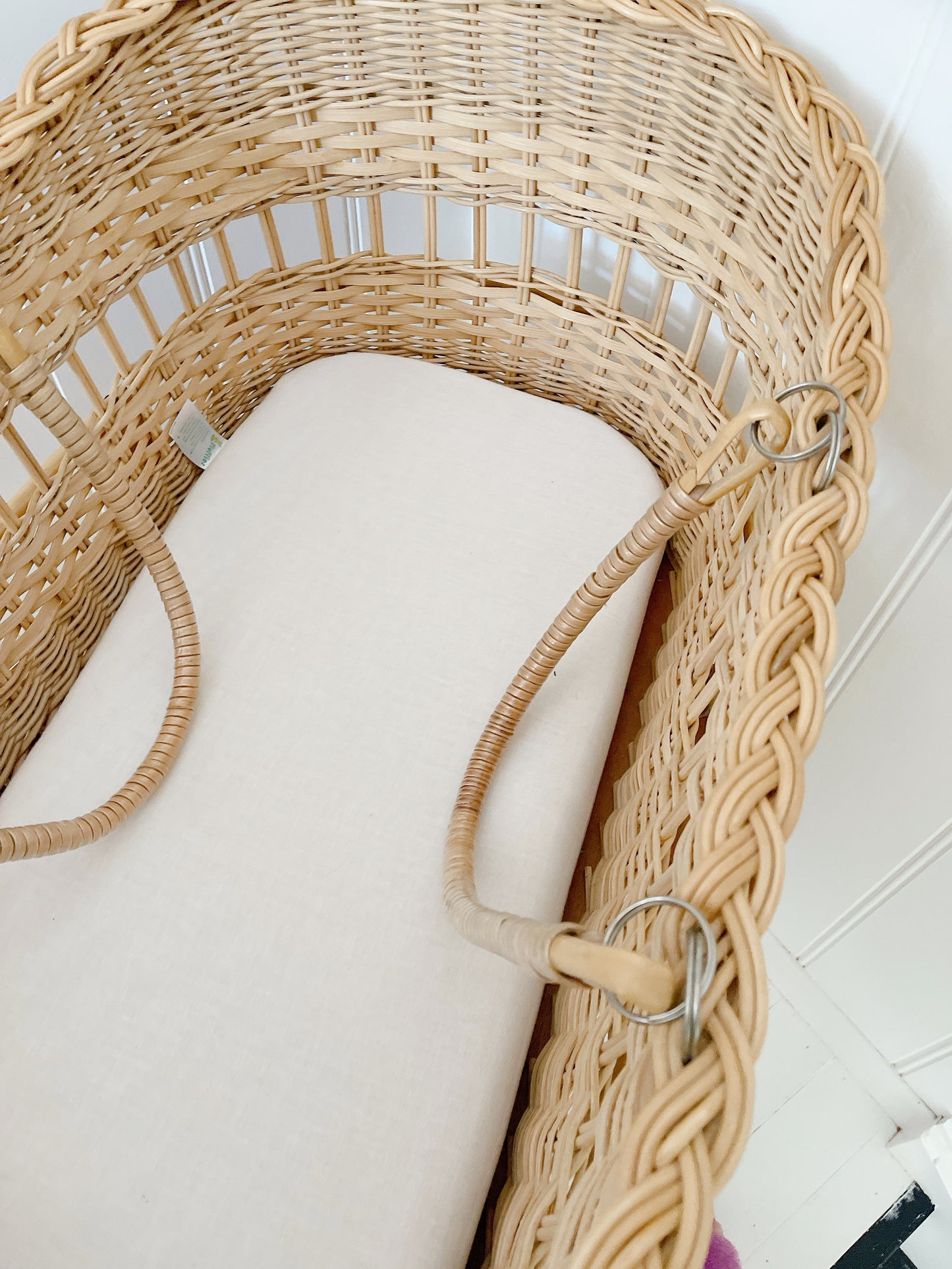 Vintage Rattan Baby Basket On Stand