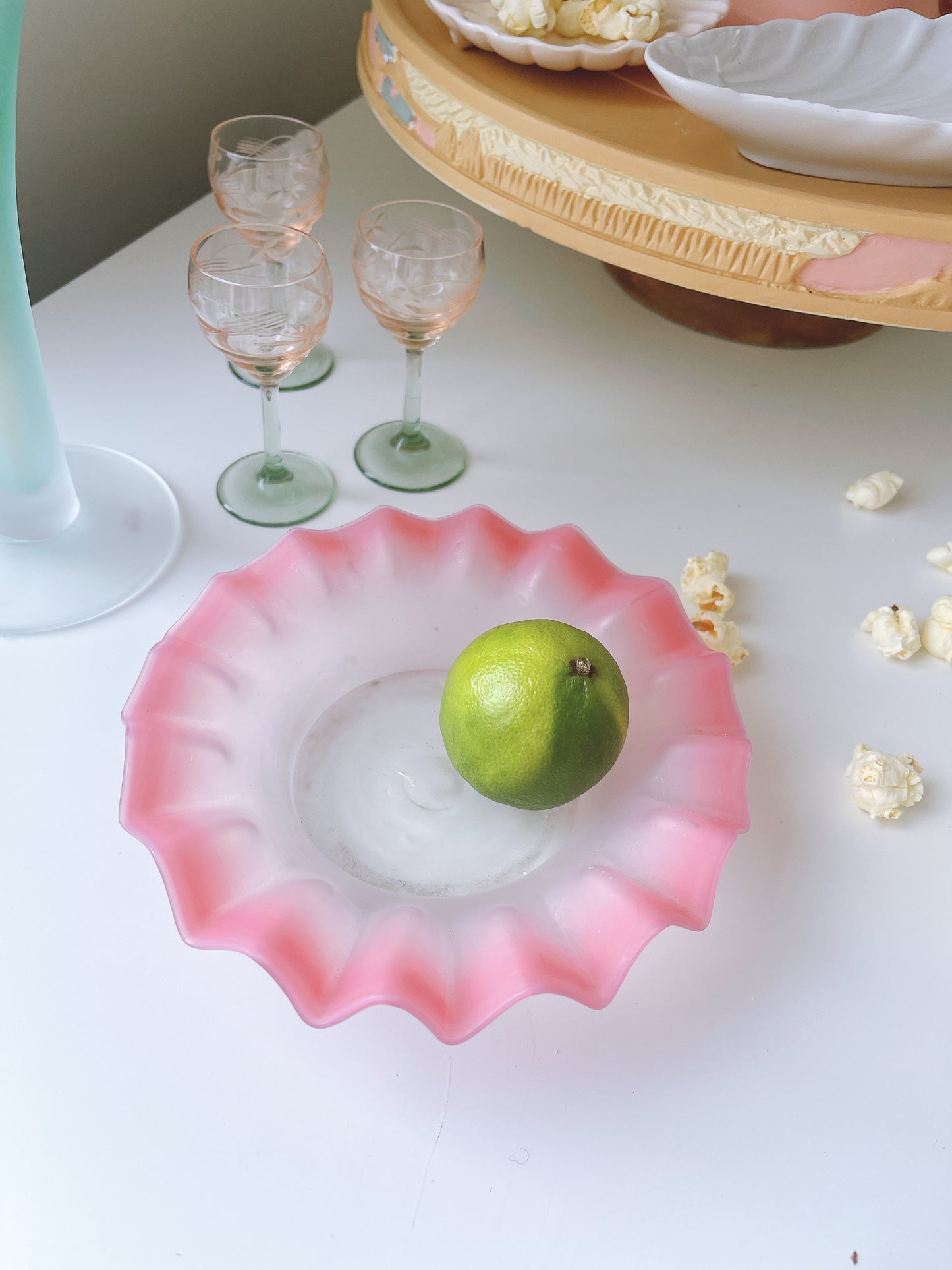 Vintage Ruffle Pink Edges Ftosted Glass Dish