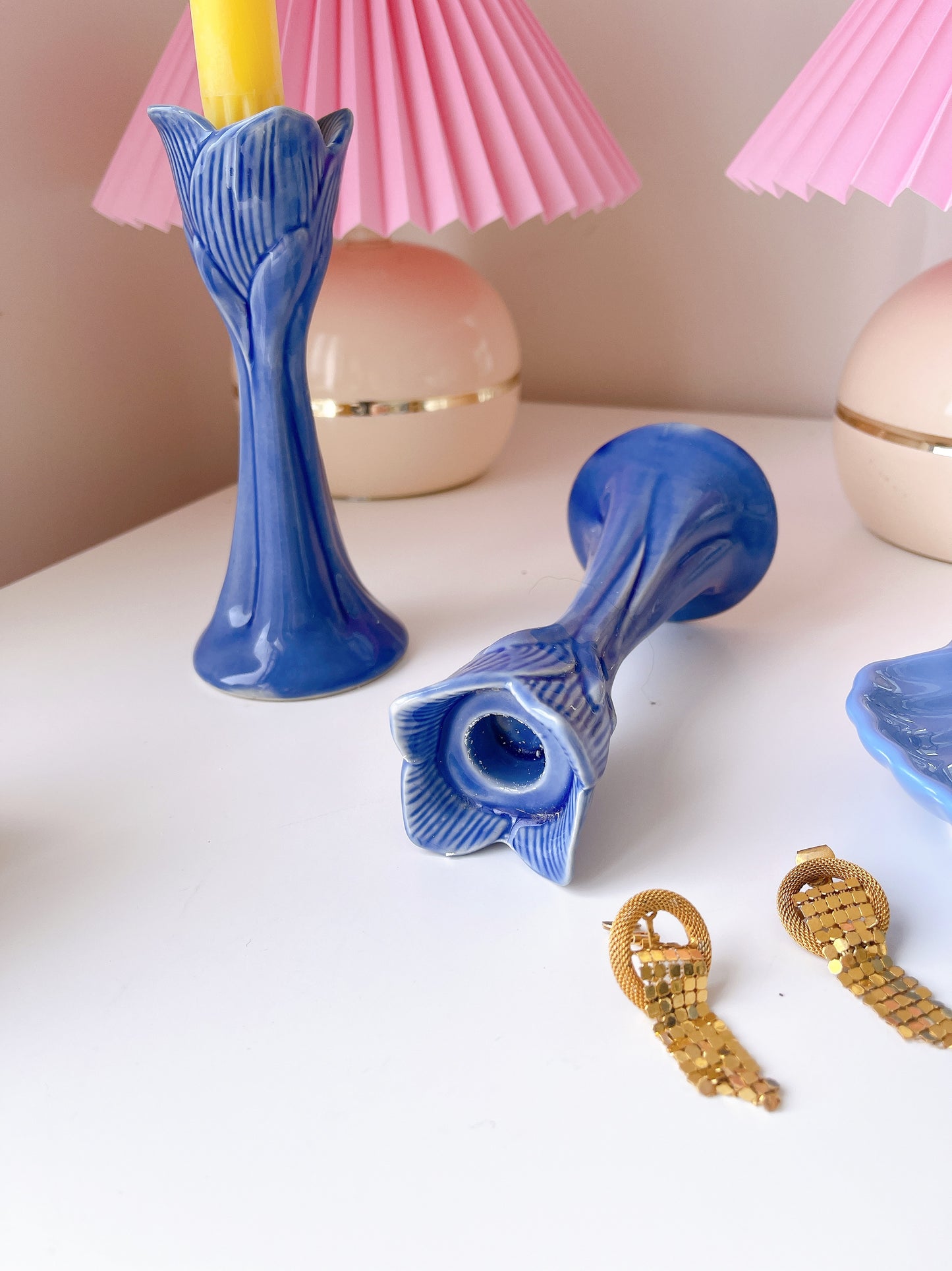Set Blue Ceramic Tulip Candle Holders