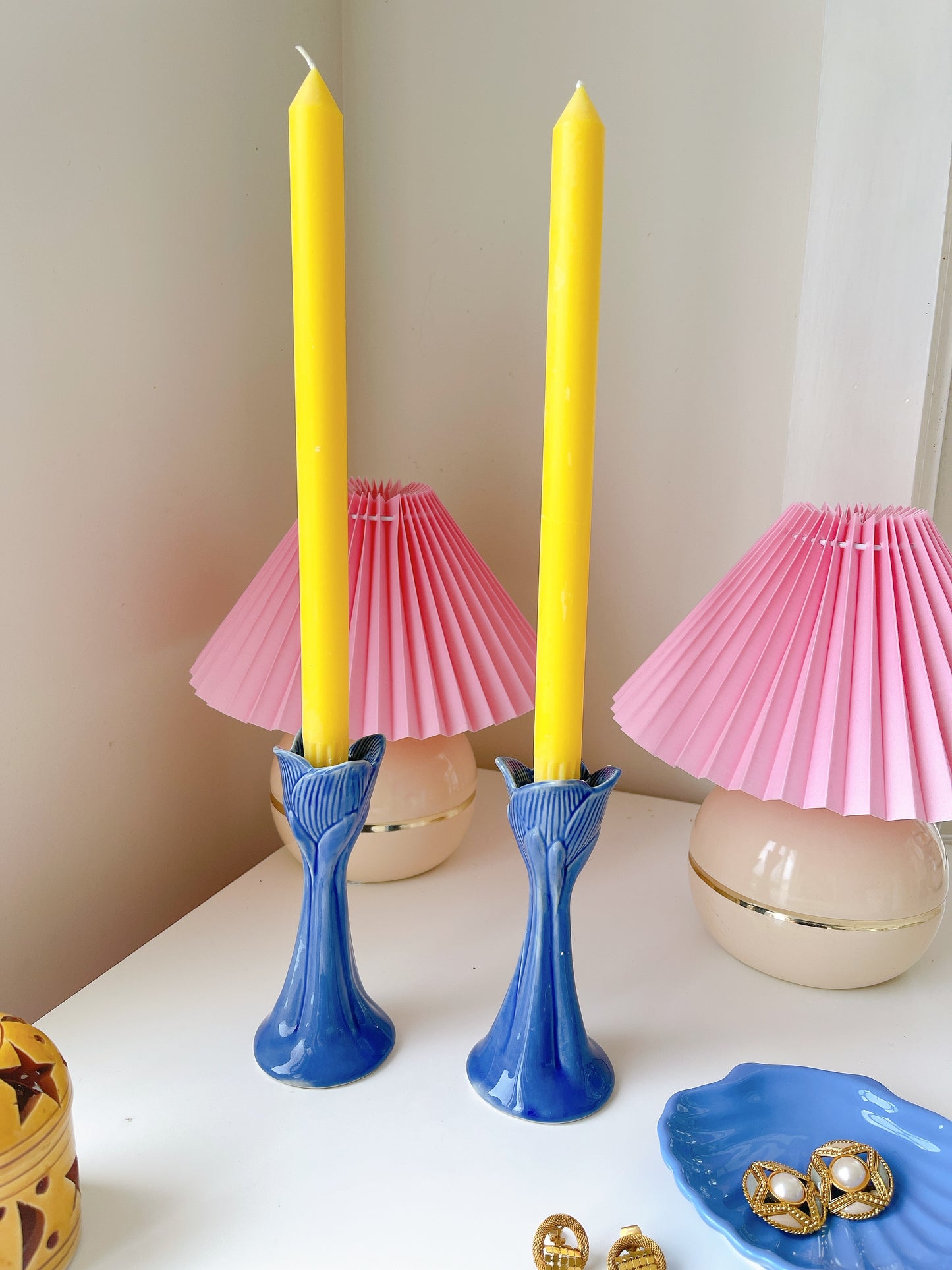 Set Blue Ceramic Tulip Candle Holders