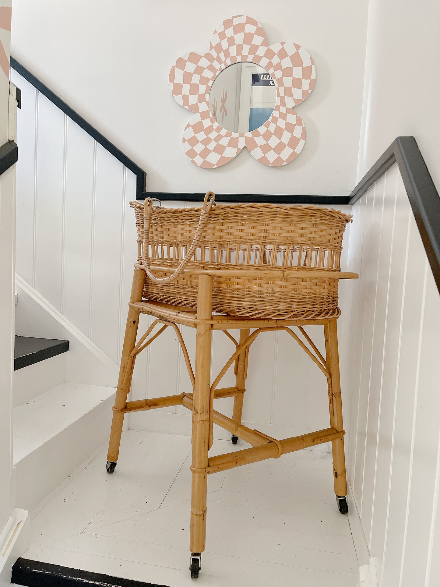 Vintage Rattan Baby Basket On Stand