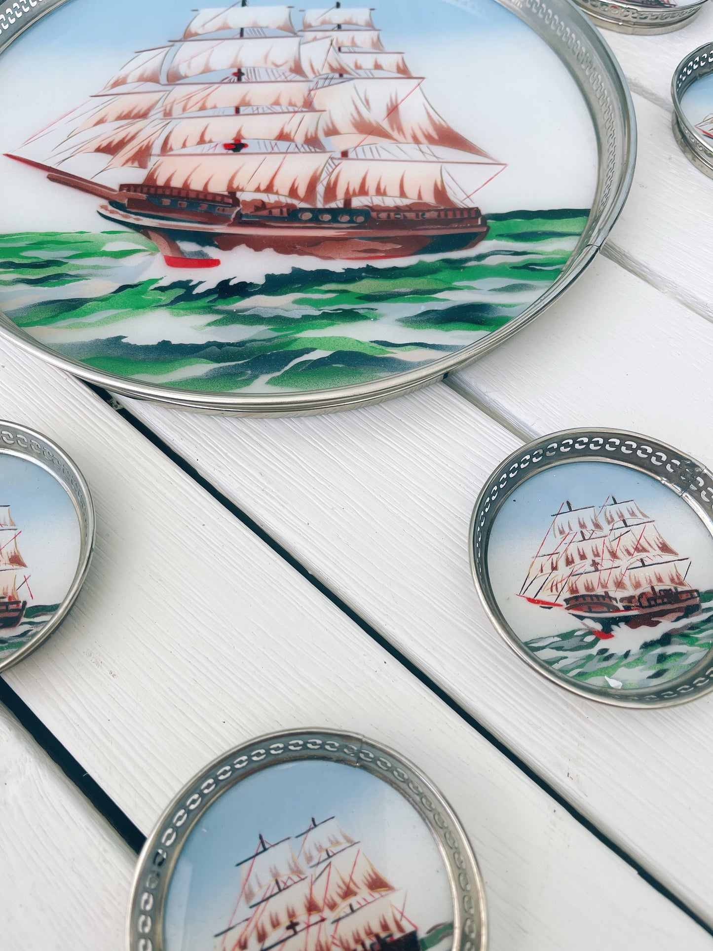 Vintage Glass Nautical Tray And Coasters