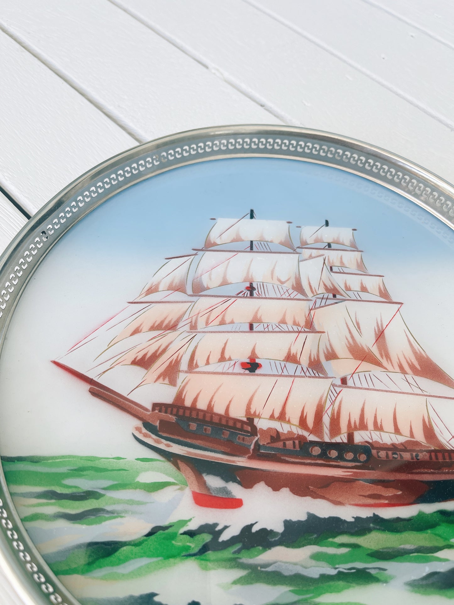 Vintage Glass Nautical Tray And Coasters