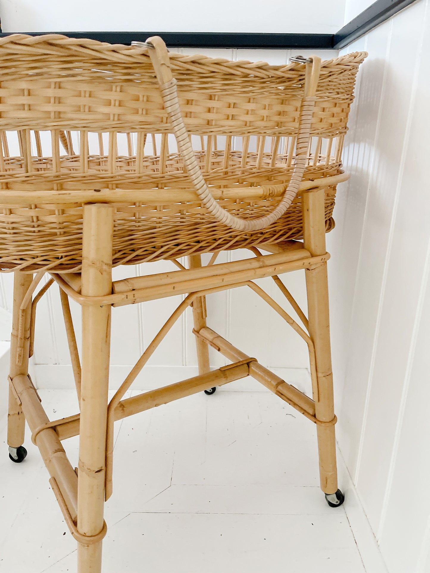 Vintage Rattan Baby Basket On Stand