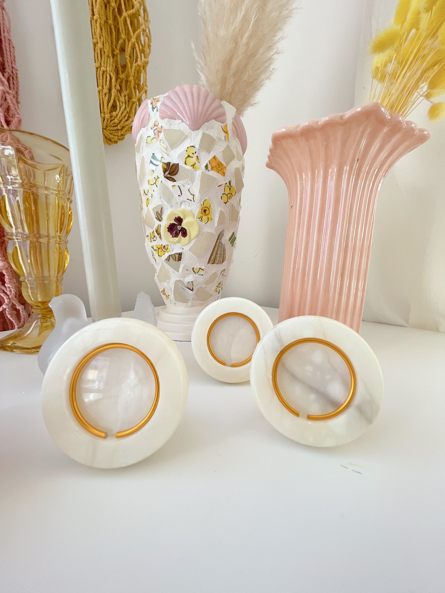 3x Small Round Alabaster Photo Frames