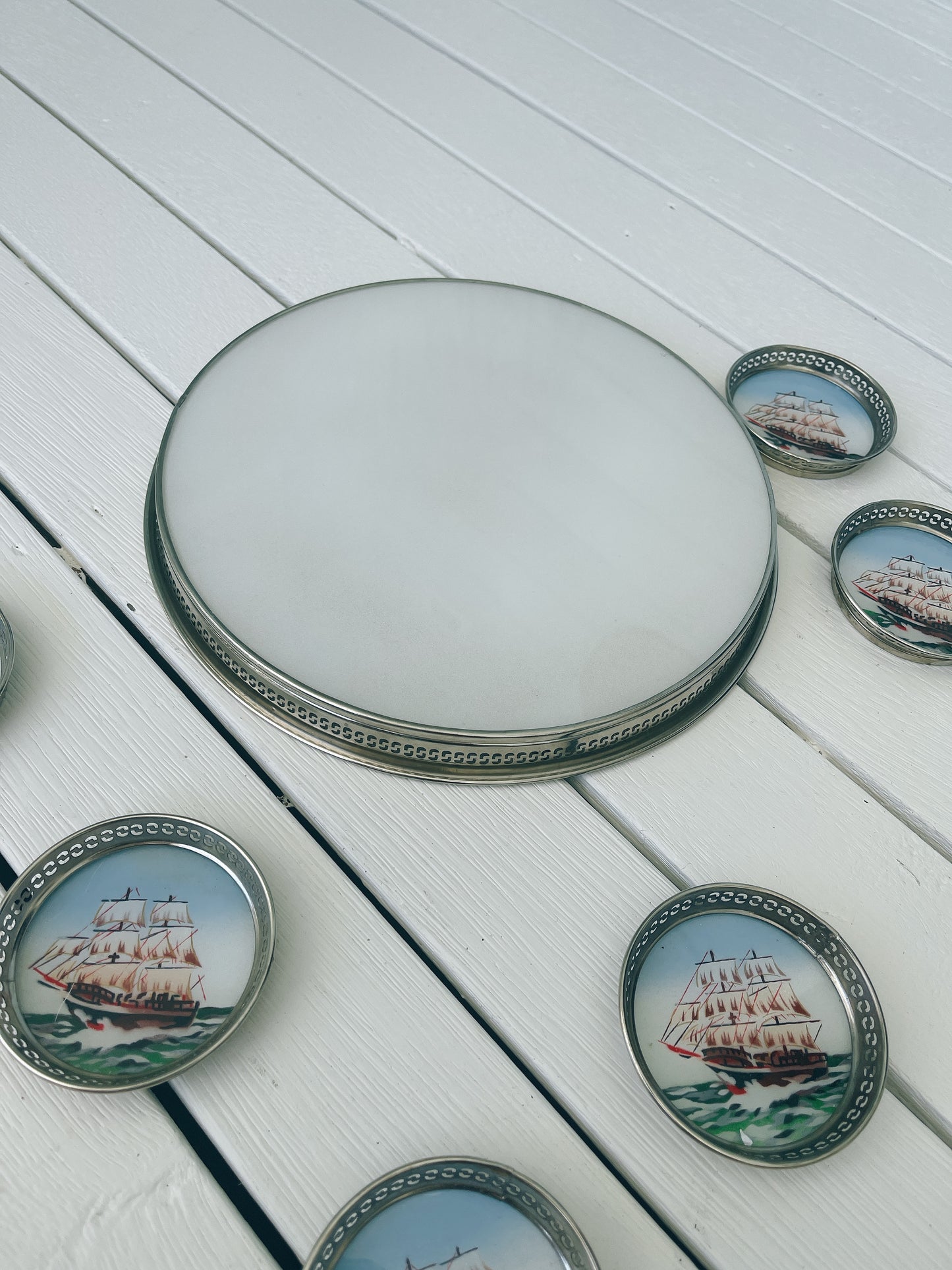 Vintage Glass Nautical Tray And Coasters