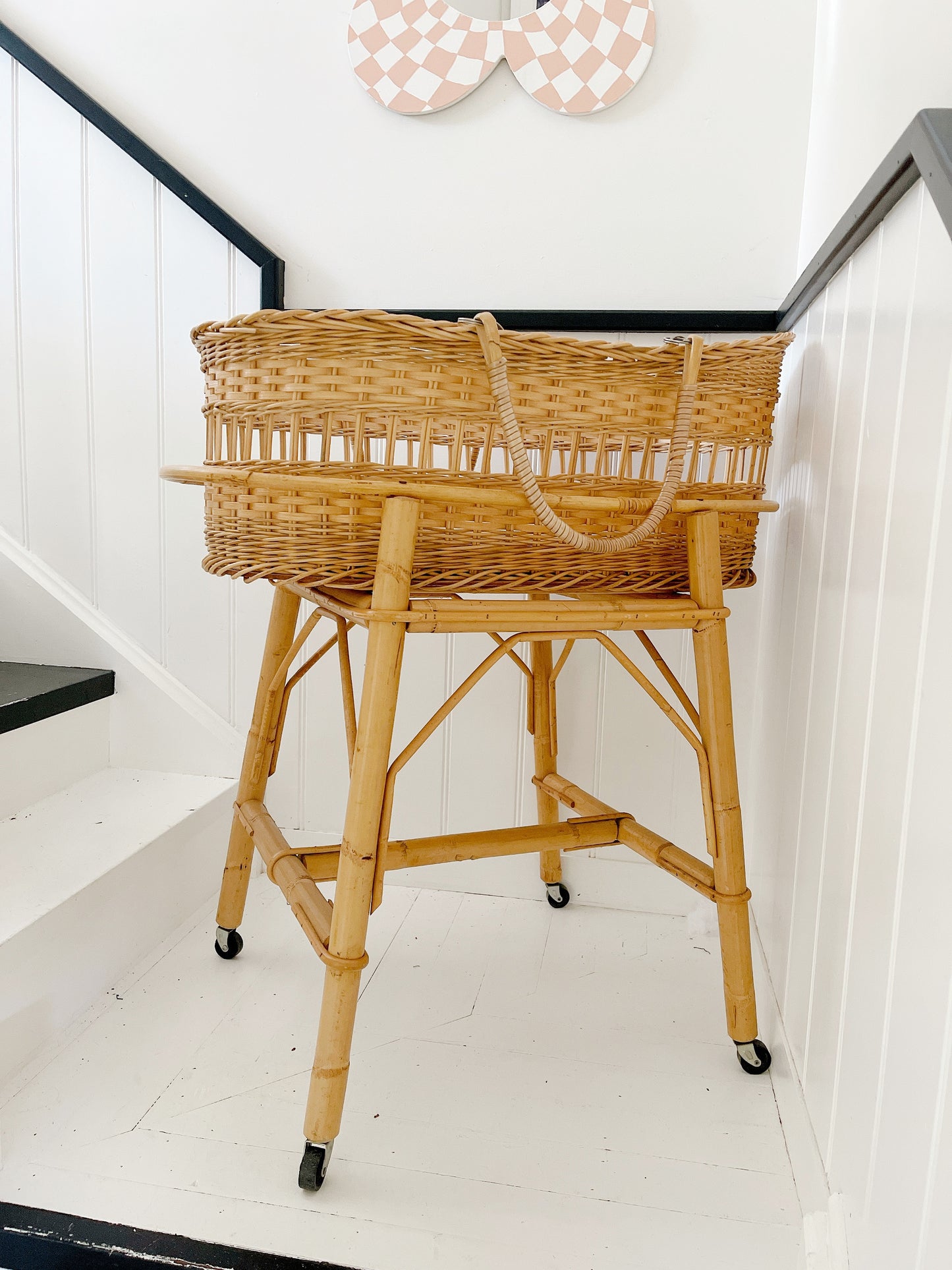 Vintage Rattan Baby Basket On Stand