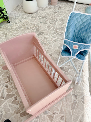 Set / Childs Pram & Pink Vintage Doll Crib