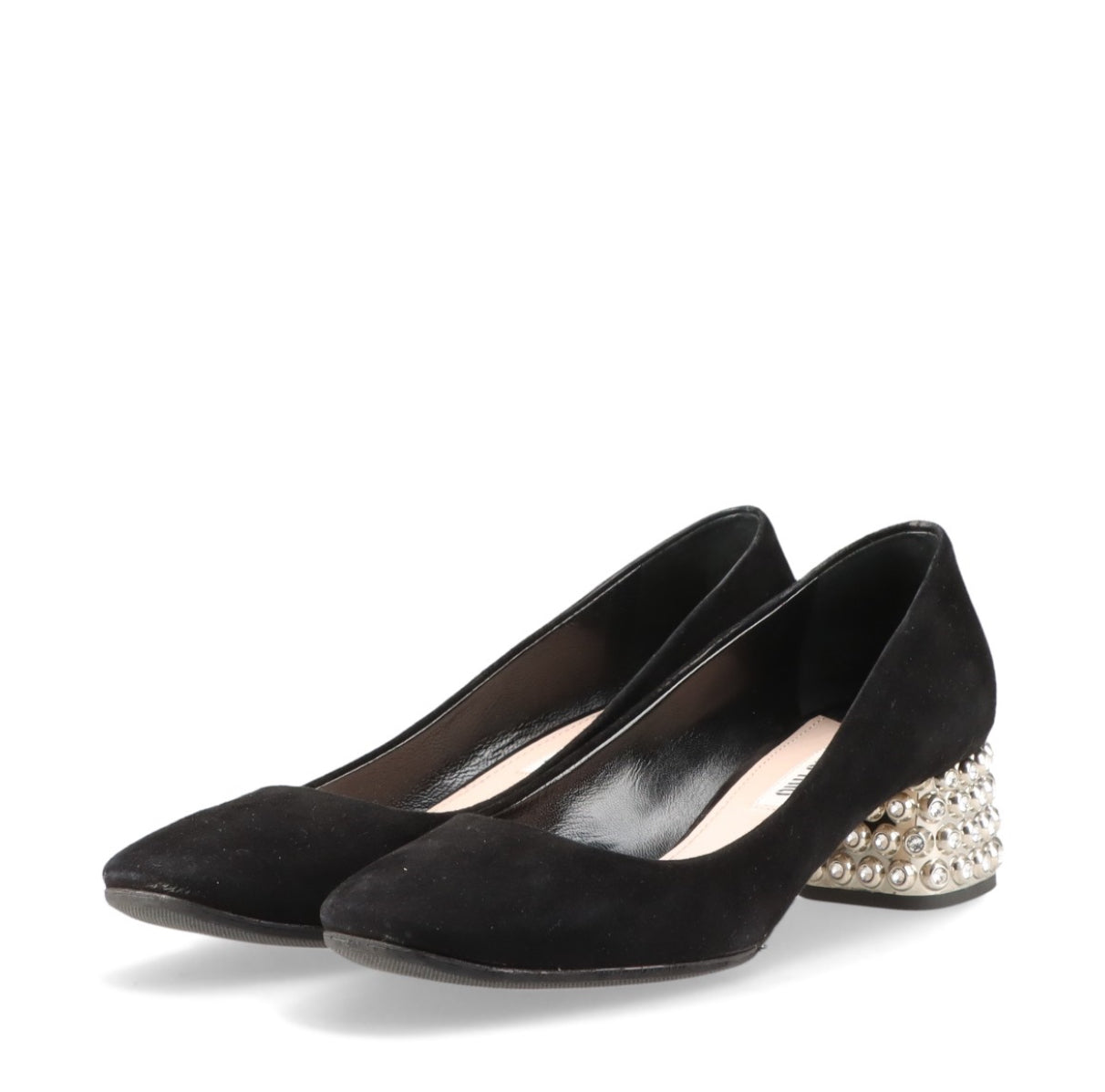 Miu Miu Black Suede Crystal Block Heels