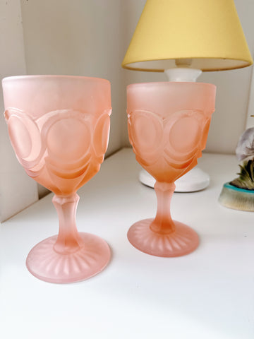 Set 2 Vintage Frosted Pink Wine Glasses