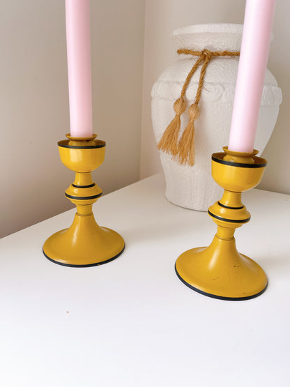 Set 2 Vintage Mustard Metal Candlesticks