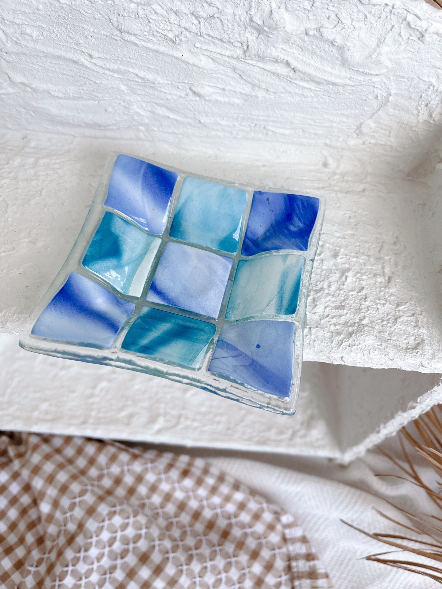 Glass Blue Check Trinket Plate