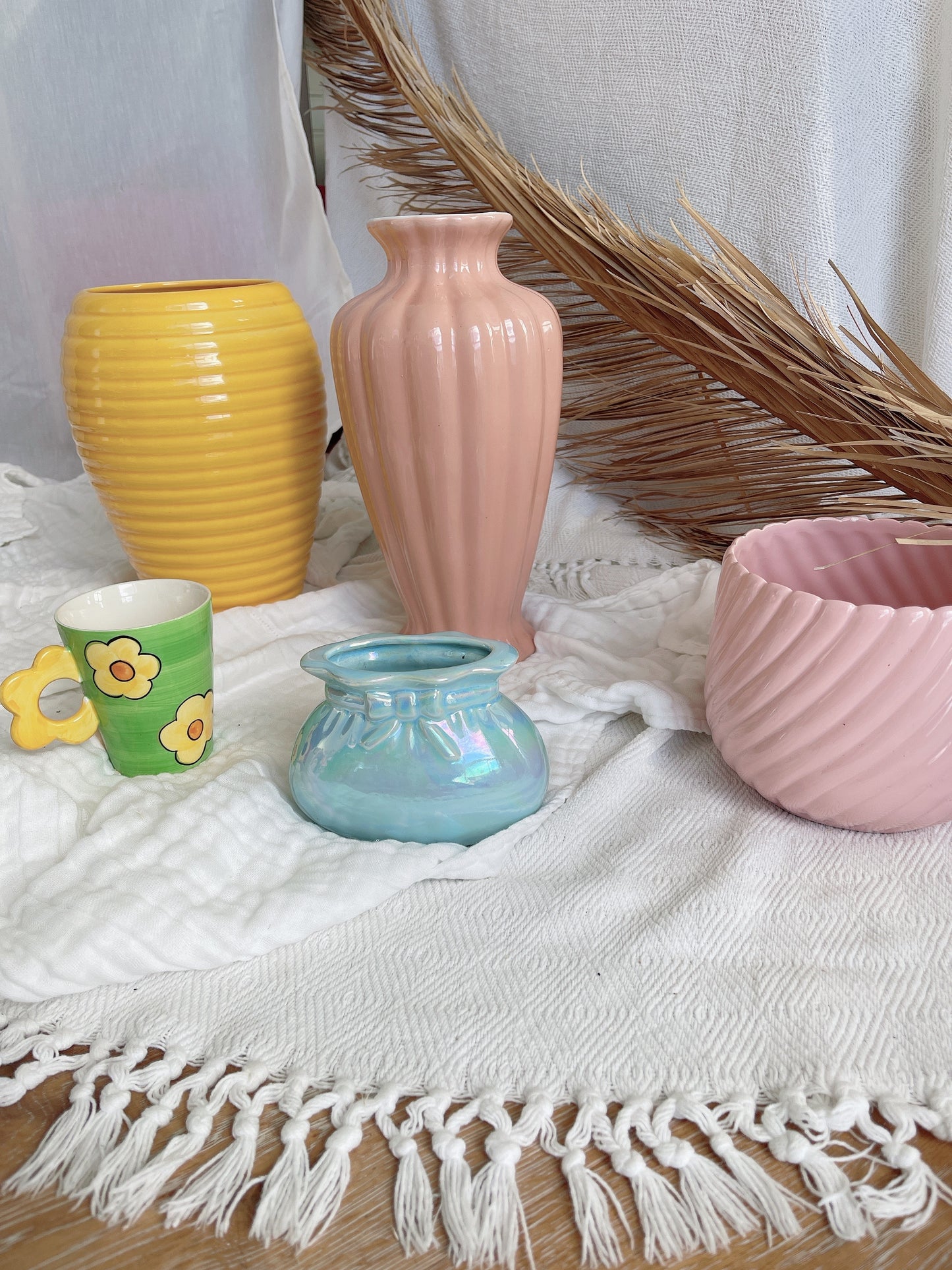 Vintage Yellow Ribbed Vase - Made In Portugal