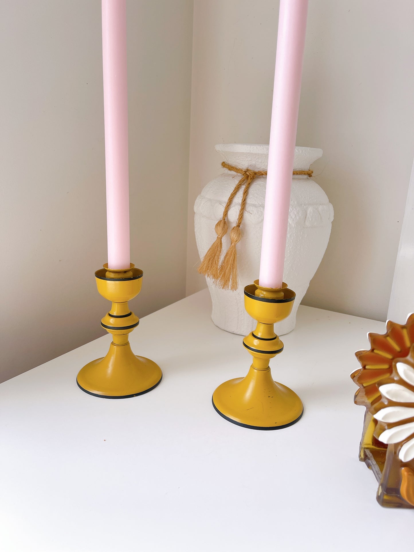 Set 2 Vintage Mustard Metal Candlesticks