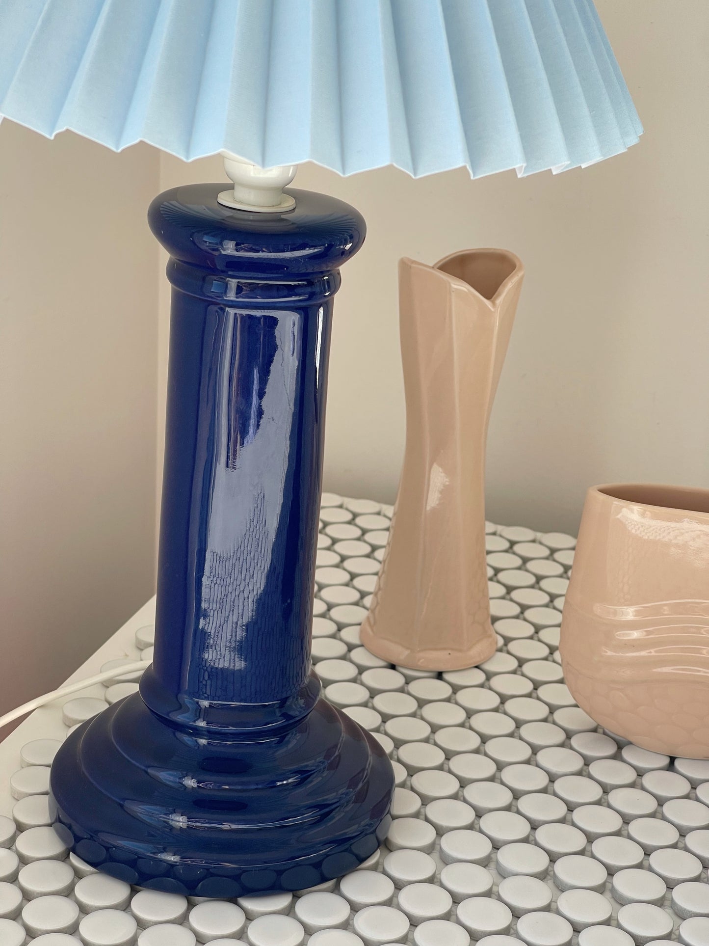 Cobalt Blue Ceramic Lamp with Pleated Shade