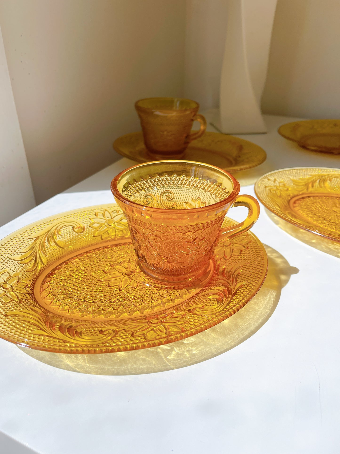 Vintage Amber Glass Cup & Snack Saucers - Selling Individually