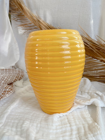 Vintage Yellow Ribbed Vase - Made In Portugal