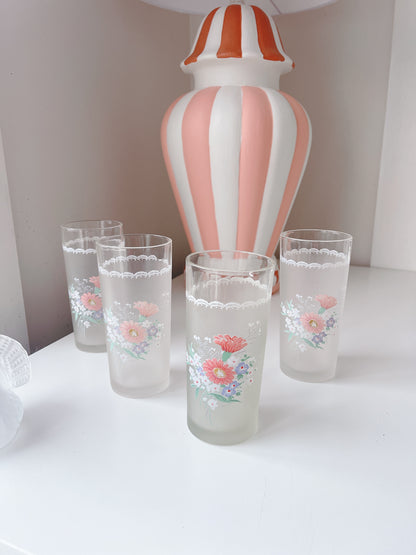 Set 4 Vintage Frosted Floral Drinking Glasses