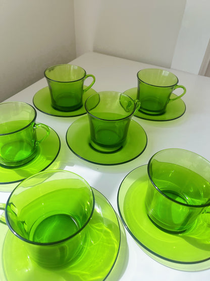 Vintage Green Duralex French Cup & Saucers