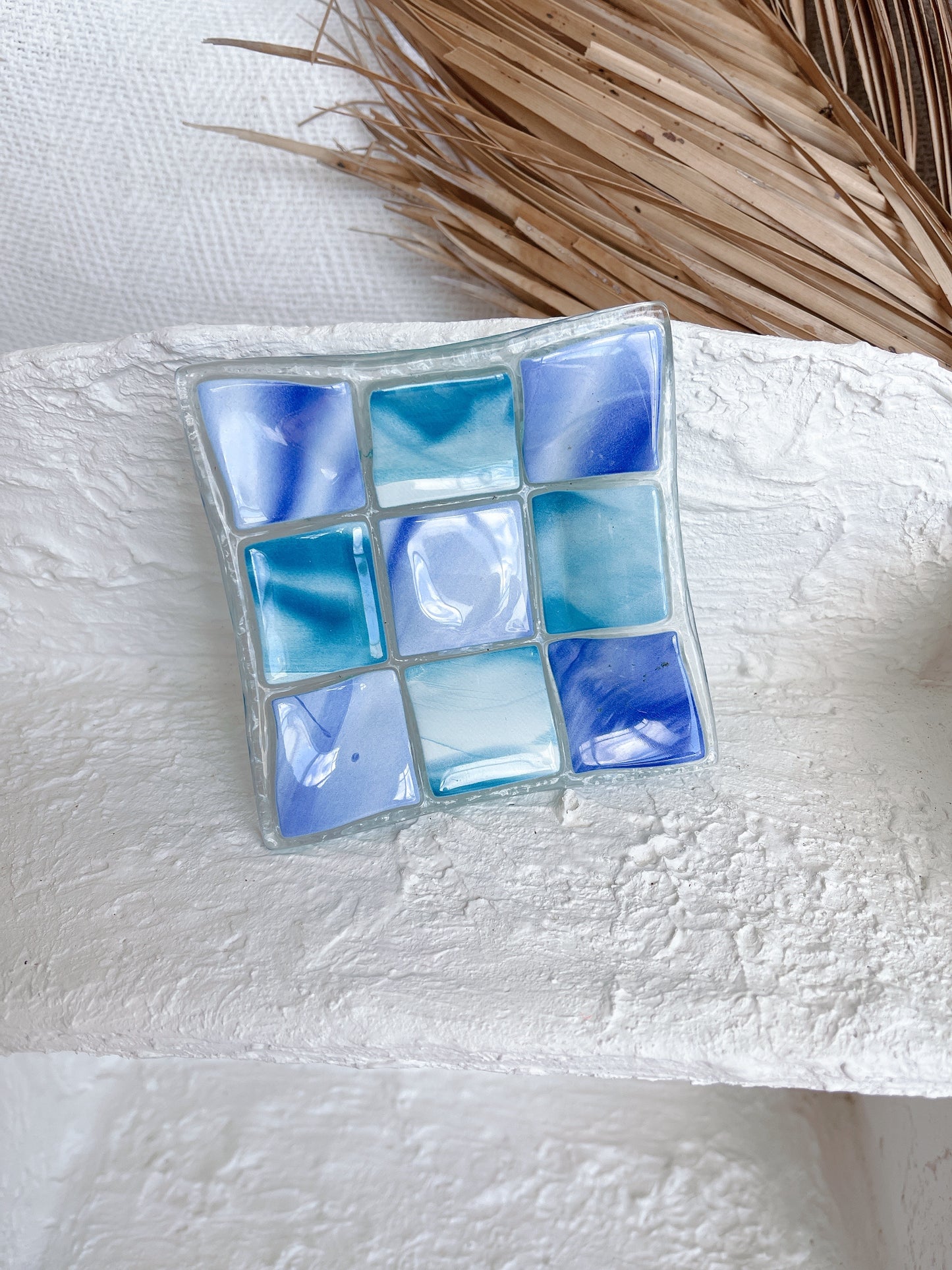 Glass Blue Check Trinket Plate