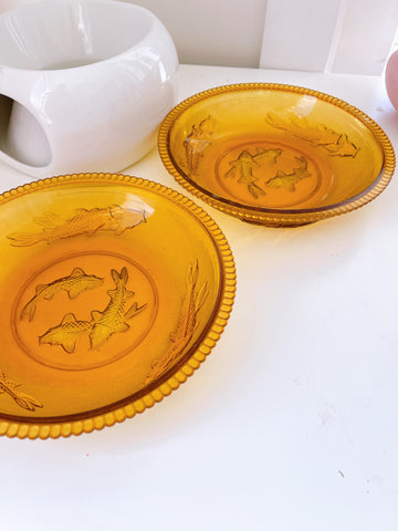 Vintage Amber Shallow Glass Fish Bowls - Set 2