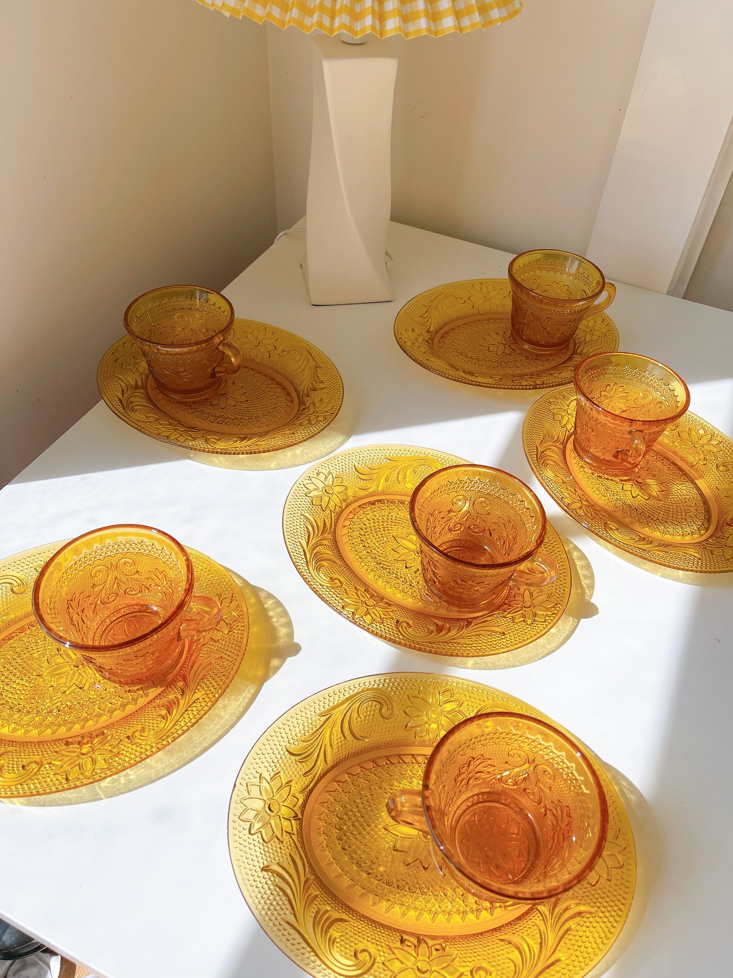 Vintage Amber Glass Cup & Snack Saucers - Selling Individually