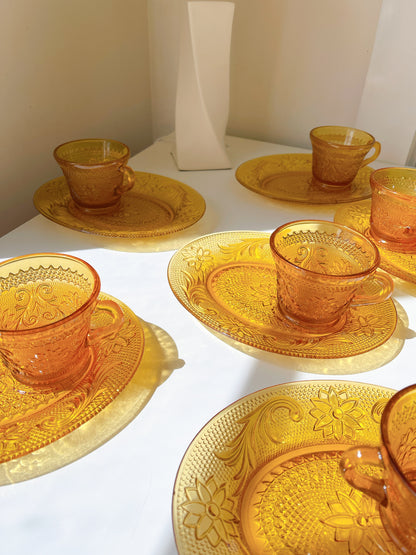 Vintage Amber Glass Cup & Snack Saucers - Selling Individually