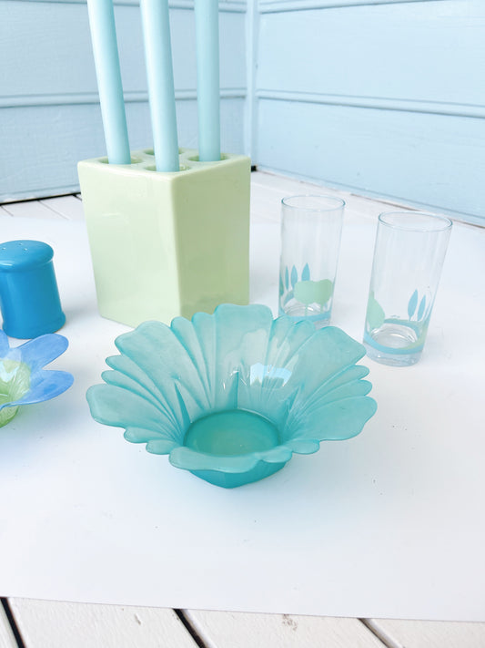 Teal Glass Flower Bowl