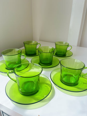 Vintage Green Duralex French Cup & Saucers
