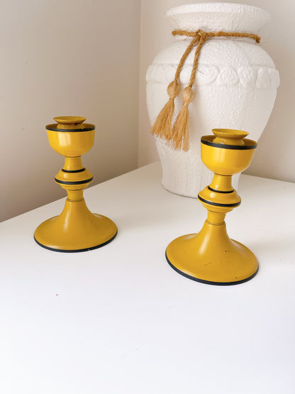 Set 2 Vintage Mustard Metal Candlesticks