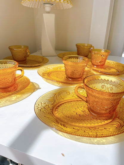 Vintage Amber Glass Cup & Snack Saucers - Selling Individually