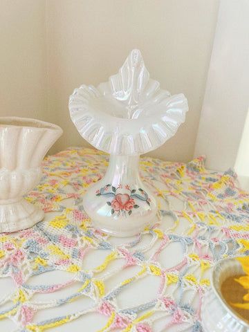 Vintage Fenton Glass Hand Ruffled Vase - Handpainted S Hart