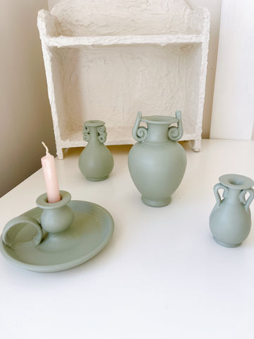 Set 4 Miniature Khaki Urns & Candle Holder