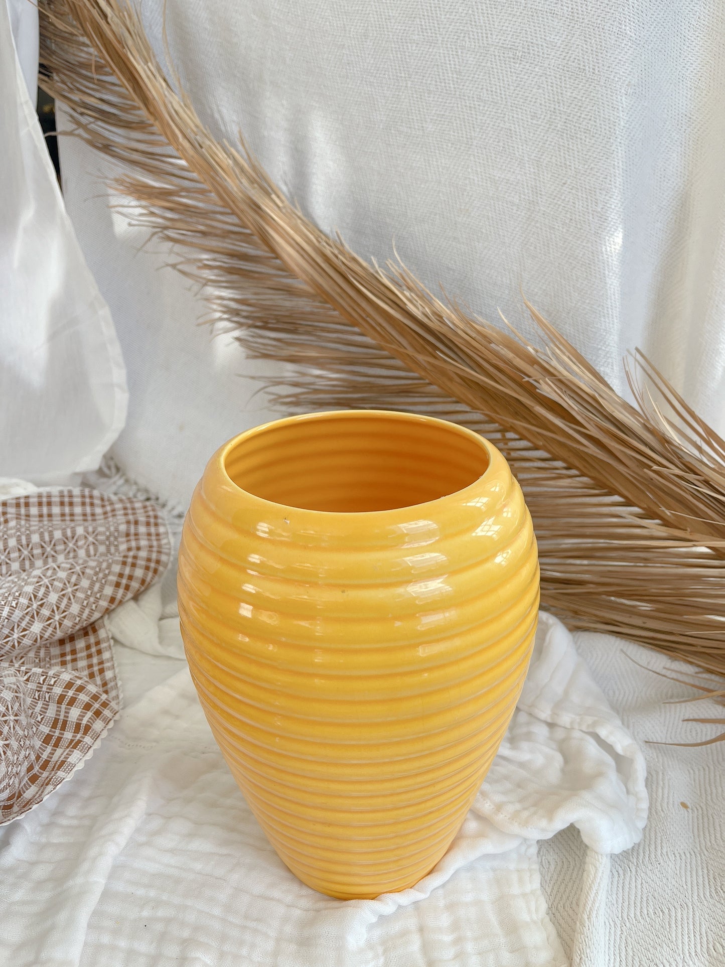 Vintage Yellow Ribbed Vase - Made In Portugal