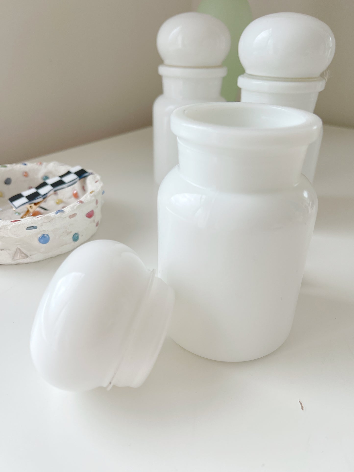 Vintage Apothecary Milk Glass Jar with Bubble Lid - Belgium