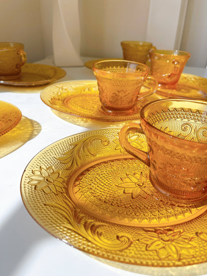 Vintage Amber Glass Cup & Snack Saucers - Selling Individually