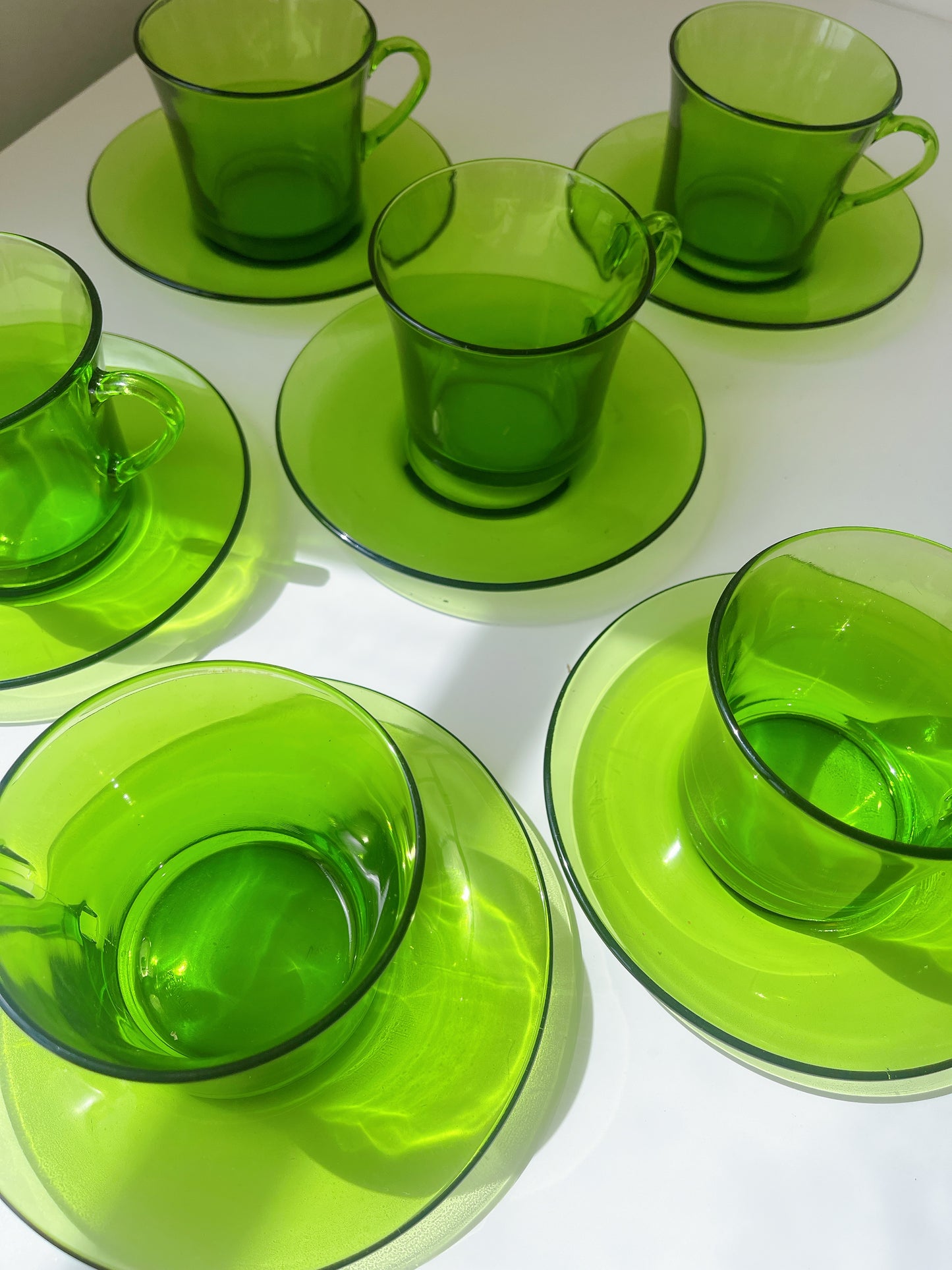 Vintage Green Duralex French Cup & Saucers